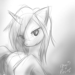 Size: 750x750 | Tagged: safe, artist:atticus83, oc, oc only, oc:pencil point, equine, fictional species, mammal, pony, unicorn, feral, cc by-nc-nd, creative commons, friendship is magic, hasbro, my little pony, female, horn, mare, monochrome, signature, simple background, smiling, solo, solo female, tail, traditional art, white background