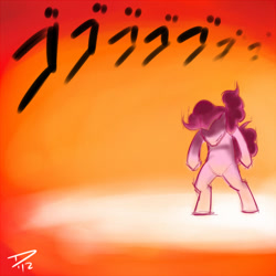 Size: 750x750 | Tagged: safe, artist:atticus83, pinkie pie (mlp), earth pony, equine, fictional species, mammal, pony, feral, cc by-nc-nd, creative commons, friendship is magic, hasbro, jojo's bizarre adventure, my little pony, bipedal, female, jojo reference, mare, signature, solo, solo female, tail, ゴゴゴ