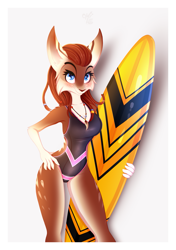 Size: 1095x1551 | Tagged: safe, artist:omi, oc, oc only, oc:tayen, feline, lynx, mammal, anthro, blue eyes, brown fur, brown hair, clothes, female, fur, hair, one-piece swimsuit, simple background, solo, solo female, surfboard, swimsuit, white background