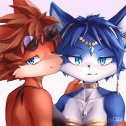 Size: 986x986 | Tagged: safe, artist:ancesra, krystal (star fox), oc, oc:fiona, canine, fox, mammal, anthro, nintendo, star fox, 2019, bikini, blue eyes, blue fur, blue hair, brown hair, bust, choker, clothes, female, females only, fur, glasses, glasses on head, hair, jewelry, looking at you, necklace, one eye closed, red fur, round glasses, simple background, sunglasses, swimsuit, vixen, white background, winking