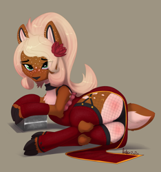 Size: 4896x5240 | Tagged: suggestive, artist:buttsnep, oc, oc only, oc:chestnut, cervid, deer, mammal, white-tailed deer, feral, friendship is magic, hasbro, my little pony, absurd resolution, blushing, bottomwear, butt, butt blush, chest fluff, clothes, cloven hooves, collar, dinner dress, dress, female, fishnet, flower, flower in hair, fluff, freckles, gloves, green eyes, hair, hair accessory, hooves, laying on stomach, legwear, looking at you, lying down, panties, ponytail, prone, see-through, signature, simple background, skirt, solo, solo female, spots, stockings, suspenders, toeless legwear, underwear, upskirt
