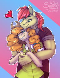 Size: 922x1200 | Tagged: safe, artist:sunny way, bright mac (mlp), pear butter (mlp), earth pony, equine, fictional species, mammal, pony, anthro, friendship is magic, hasbro, my little pony, anthrofied, clothes, cute, digital art, duo, female, hug, love, male, mare, mature, mature female, mature male, patreon reward, smiling, stallion