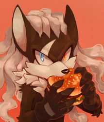Size: 1980x2310 | Tagged: safe, artist:bongwater777, infinite (sonic), canine, jackal, mammal, anthro, sega, sonic forces, sonic the hedgehog (series), 2020, black fur, burger, bust, cheek fluff, cheese, cheeseburger, clothes, dairy products, digital art, eating, fangs, fluff, food, fur, gloves, hair, heterochromia, lettuce, looking at you, male, meat, orange background, sharp teeth, simple background, solo, solo male, teeth, tomato, vegetables, white hair