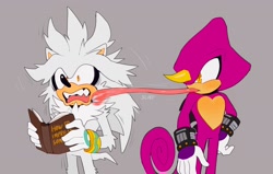 Size: 2230x1416 | Tagged: safe, artist:bongwater777, part of a set, espio the chameleon (sonic), silver the hedgehog (sonic), chameleon, fly, hedgehog, lizard, mammal, reptile, anthro, sega, sonic the hedgehog (series), 2020, amber eyes, book, cheek fluff, chest fluff, clothes, digital art, duo, duo male, fluff, fur, gloves, gray background, gray fur, holding, holding book, holding object, horn, long tongue, magenta scales, male, males only, open mouth, quills, reading, scales, sharp teeth, shocked, short tail, simple background, tail, teeth, tongue, tongue out, white tail