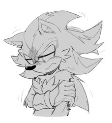 Size: 1360x1490 | Tagged: safe, artist:bongwater777, part of a set, shadow the hedgehog (sonic), hedgehog, mammal, anthro, sega, sonic the hedgehog (series), 2020, bust, cheek fluff, clothes, digital art, fluff, fur, gloves, male, monochrome, quills, sad, simple background, sketch, solo, solo male, white background