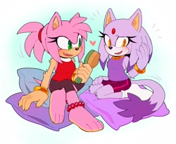 Size: 2590x2122 | Tagged: safe, artist:bongwater777, amy rose (sonic), blaze the cat (sonic), cat, feline, hedgehog, mammal, anthro, sega, sonic the hedgehog (series), 2020, alternate hairstyle, amber eyes, blazamy (sonic), blushing, bottomwear, brush, clothes, digital art, duo, duo female, fangs, feet, female, female/female, fur, gem, green eyes, hair, hairbrush, hand hold, head fluff, heart, high res, holding, kneeling, lavender fur, lavender tail, open mouth, pillow, pink fur, pink tail, ponytail, purple tail, quills, sharp teeth, shipping, short tail, shorts, simple background, sitting, socks, tail, tail tuft, tank top, teeth, topwear, white background, wristband