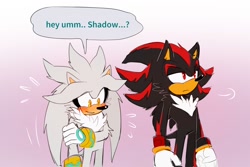 Size: 2260x1512 | Tagged: safe, artist:bongwater777, part of a set, shadow the hedgehog (sonic), silver the hedgehog (sonic), hedgehog, mammal, anthro, sega, sonic the hedgehog (series), 2020, amber eyes, black fur, cheek fluff, chest fluff, clothes, dialogue, digital art, duo, duo male, fluff, fur, gloves, gradient background, gray fur, male, male/male, males only, quills, red eyes, shadilver (sonic), shipping, short tail, speech bubble, tail, talking