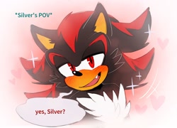 Size: 2260x1623 | Tagged: safe, artist:bongwater777, part of a set, shadow the hedgehog (sonic), silver the hedgehog (sonic), hedgehog, mammal, anthro, sega, sonic the hedgehog (series), 2020, black fur, cheek fluff, chest fluff, clothes, dialogue, digital art, duo, duo male, fluff, fur, gloves, gradient background, male, male/male, males only, offscreen character, quills, red eyes, shadilver (sonic), shipping, short tail, speech bubble, tail, talking