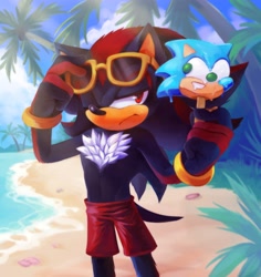 Size: 3500x3710 | Tagged: safe, artist:bongwater777, shadow the hedgehog (sonic), sonic the hedgehog (sonic), hedgehog, mammal, anthro, sega, sonic the hedgehog (series), 2020, beach, black fur, black tail, bottomwear, chest fluff, clothes, digital art, fluff, food, fur, glasses, hand hold, high res, holding, lidded eyes, male, ocean, outdoors, palm tree, popsicle, quills, red eyes, sand, short tail, shorts, solo, solo male, sunglasses, tail, tree, water, wristband