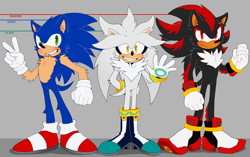 Size: 3957x2487 | Tagged: safe, artist:bongwater777, shadow the hedgehog (sonic), silver the hedgehog (sonic), sonic the hedgehog (sonic), hedgehog, mammal, anthro, sega, sonic the hedgehog (series), 2020, amber eyes, black fur, black tail, blue fur, blue tail, boots, cheek fluff, chest fluff, clothes, digital art, fangs, fists, fluff, fur, gesture, gloves, gray background, gray fur, gray tail, green eyes, grin, height chart, high res, male, males only, peace sign, quills, red eyes, sharp teeth, shoes, short tail, simple background, sneakers, tail, teeth, trio, trio male, waving