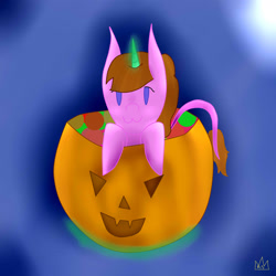 Size: 2449x2449 | Tagged: safe, artist:royal-snowflake, oc, oc only, equine, fictional species, mammal, pony, unicorn, feral, friendship is magic, hasbro, my little pony, :3, female, food, glowing, glowing horn, high res, horn, mare, pumpkin, smiling, solo, solo female, tail, vegetables, watermark
