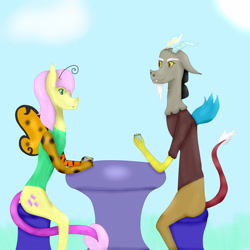 Size: 2449x2449 | Tagged: safe, artist:royal-snowflake, discord (mlp), fluttershy (mlp), draconequus, fictional species, feral, semi-anthro, friendship is magic, hasbro, my little pony, 2017, duo, female, high res, male, request art, species swap, tail