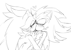 Size: 1091x775 | Tagged: safe, artist:bongwater777, shadow the hedgehog (sonic), silver the hedgehog (sonic), hedgehog, mammal, anthro, sega, sonic the hedgehog (series), 2020, blushing, cheek fluff, chest fluff, clothes, digital art, duo, duo male, eyes closed, fluff, fur, heart, holding, holding hands, kissing, male, male/male, males only, monochrome, pink background, quills, shadilver (sonic), shipping, simple background