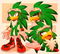 Size: 3875x3505 | Tagged: safe, artist:bongwater777, jet the hawk (sonic), bird, bird of prey, hawk, anthro, sega, sonic riders, sonic the hedgehog (series), 2020, abstract background, beak, blue eyes, boots, chest fluff, clothes, digital art, feathers, fluff, gloves, goggles, green feathers, high res, lidded eyes, male, open beak, open mouth, shoes, shrug, solo, solo male, tail, tail feathers, tongue