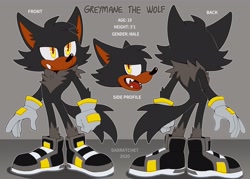 Size: 4096x2936 | Tagged: safe, artist:bongwater777, oc, oc only, oc:greymane (bongwater777), canine, mammal, wolf, anthro, sega, sonic the hedgehog (series), 2020, amber eyes, black fur, black tail, cheek fluff, chest fluff, clothes, digital art, fangs, fluff, fur, gloves, gray fur, head fluff, male, open mouth, reference sheet, sharp teeth, shoes, sneakers, solo, solo male, tail, tail fluff, teeth, text