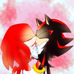 Size: 768x768 | Tagged: safe, artist:safilena1476, knuckles the echidna (sonic), shadow the hedgehog (sonic), echidna, hedgehog, mammal, monotreme, anthro, sega, sonic the hedgehog (series), 2020, abstract background, black fur, black tail, blushing, chest fluff, clothes, digital art, duo, duo male, fluff, fur, gloves, kissing, knuxadow (sonic), male, male/male, males only, quills, red fur, red tail, shipping, short tail, tail