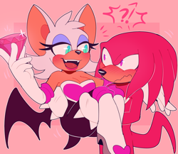 Size: 2558x2224 | Tagged: safe, artist:bongwater777, knuckles the echidna (sonic), rouge the bat (sonic), bat, echidna, mammal, monotreme, anthro, sega, sonic the hedgehog (series), 2020, annoyed, bat wings, blue eyes, blushing, boots, breasts, bridal carry, carrying, chaos emerald, cleavage, clothes, digital art, duo, eyeshadow, fangs, female, fur, gloves, hand hold, head fluff, high res, holding, interrobang, lidded eyes, lipstick, makeup, male, pink background, purple eyes, quills, red fur, red tail, sharp teeth, shoes, short tail, simple background, tail, teeth, tongue, webbed wings, white fur, wings