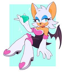 Size: 2024x2228 | Tagged: safe, artist:bongwater777, rouge the bat (sonic), bat, mammal, anthro, sega, sonic the hedgehog (series), 2020, abstract background, bat wings, boots, breasts, chaos emerald, cleavage, clothes, digital art, eyeshadow, fangs, female, fur, gloves, hand hold, head fluff, high res, holding, lipstick, makeup, sharp teeth, shoes, short tail, sitting, solo, solo female, tail, teeth, webbed wings, white fur, wings