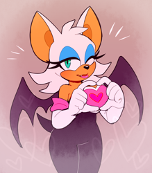 Size: 1300x1484 | Tagged: safe, artist:bongwater777, rouge the bat (sonic), bat, mammal, anthro, sega, sonic the hedgehog (series), 2020, bat wings, blue eyes, breasts, cleavage, clothes, digital art, eyeshadow, fangs, female, fur, gloves, gray background, head fluff, lipstick, looking at you, makeup, one eye closed, sharp teeth, short tail, simple background, solo, solo female, tail, teeth, webbed wings, white fur, wings, winking