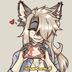 Size: 512x512 | Tagged: safe, artist:shakumi, oc, oc only, oc:kalila, canine, fox, mammal, anthro, blushing, breasts, chest fluff, cleavage, clothes, eyes closed, female, fluff, gray background, hair, hair over one eye, heart, open clothes, open shirt, shirt, simple background, smiling, solo, solo female, topwear