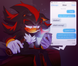 Size: 3540x2988 | Tagged: safe, artist:bongwater777, artist:maikmatic_, collaboration, part of a set, shadow the hedgehog (sonic), silver the hedgehog (sonic), hedgehog, mammal, anthro, sega, sonic the hedgehog (series), 2020, alcohol, bed, black fur, black tail, blushing, cell phone, cheek fluff, chest fluff, clothes, digital art, drink, drunk, fangs, floppy ears, fluff, fur, gloves, hand hold, high res, holding, indoors, lidded eyes, male, male/male, phone, quills, red eyes, shadilver (sonic), sharp teeth, shipping, short tail, sitting, smartphone, solo, solo male, tail, teeth, text, texting