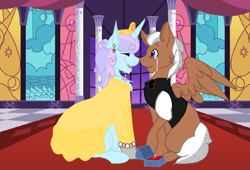 Size: 1070x727 | Tagged: safe, artist:epicgamequestsx, artist:royal-snowflake, artist:wild-hearts, oc, oc only, oc x oc, oc:moose tracks, oc:royal snowflake, equine, fictional species, mammal, pegasus, pony, unicorn, feral, friendship is magic, hasbro, my little pony, base used, clothes, crown, crying, dress, eyes closed, feathered wings, feathers, female, happy, horn, looking at each other, male, male/female, mare, marriage proposal, shipping, stallion, tail, wings