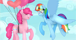 Size: 1628x864 | Tagged: safe, artist:dilemmas4u, artist:royal-snowflake, artist:tech-kitten, pinkie pie (mlp), rainbow dash (mlp), earth pony, equine, fictional species, mammal, pegasus, pony, feral, friendship is magic, hasbro, my little pony, balloon, base used, duo, duo female, eyes closed, feathered wings, feathers, female, flying, glasses, goggles, goggles on head, happy, mare, request art, sky, smiling, tail, wings