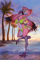 Size: 600x900 | Tagged: dead source, safe, artist:sixthleafclover, oc, oc only, bird, flamingo, anthro, digitigrade anthro, 2019, alcohol, beach, beak, bedroom eyes, bikini, blue eyes, breasts, claws, clothes, cocktail, dawn, detailed background, drink, drinking straw, ears, eyelashes, feathered wings, feathers, featured image, female, fur, glass, glasses, hair, heart glasses, holding, jewelry, necklace, ocean, palm tree, pink body, plant, pose, sand, solo, solo female, sunglasses, swimsuit, tail, talons, tree, water, winged arms, wings