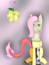 Size: 1920x2533 | Tagged: safe, artist:royal-snowflake, oc, oc only, oc:fragile chaos, draconequus, fictional species, feral, friendship is magic, hasbro, my little pony, 2018, cutie mark, female, heterochromia, high res, interspecies offspring, next generation, offspring, parent:discord (mlp), parent:fluttershy (mlp), request art, smiling, solo, solo female, tail