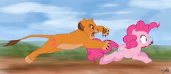 Size: 1280x558 | Tagged: dead source, safe, artist:tc-96, pinkie pie (mlp), simba (the lion king), big cat, earth pony, equine, feline, fictional species, lion, mammal, pony, feral, disney, friendship is magic, hasbro, my little pony, the lion king, carnivore, claws, crossover, duo, female, food chain, hilarious in hindsight, imminent vore, male, mare, now you fucked up, on model, paint, paintbrush, paw pads, paws, predator, prey, running, the circle of life, this will end in death, this will end in pain, this will not end well