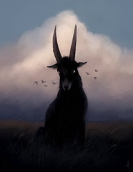 Size: 1300x1683 | Tagged: safe, artist:dappermouth_art, bovid, goat, mammal, feral, ambient bird, ambient wildlife, cloud, field, solo