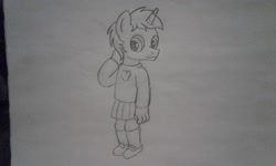 Size: 2560x1536 | Tagged: safe, artist:peternators, oc, equine, fictional species, mammal, pony, unicorn, anthro, friendship is magic, hasbro, my little pony, anthrofied, bottomwear, clothes, colt, crossdressing, foal, male, monochrome, shoes, sketch, skirt, socks, solo, solo male, sweater, topwear, traditional art, young