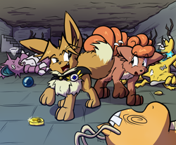 Size: 1280x1062 | Tagged: safe, artist:virmir, alakazam, dragonite, eevee, eeveelution, fictional species, mammal, nidoking, vulpix, feral, nintendo, pokémon, pokémon mystery dungeon, 2019, awesome, bandaid, coin, description in the comments, eyes closed, group, knocked out, monster house, orb, pokémon battle, pokémon mystery dungeon: explorers, seed, smug, unconscious