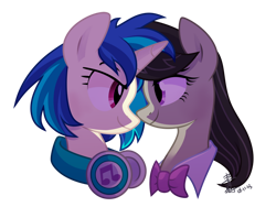 Size: 1032x774 | Tagged: safe, artist:yaaaco17, octavia melody (mlp), vinyl scratch (mlp), earth pony, equine, fictional species, mammal, pony, unicorn, feral, friendship is magic, hasbro, my little pony, female, female/female, looking at each other, scratchtavia (mlp), shipping