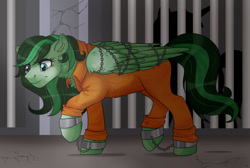 Size: 1280x861 | Tagged: safe, artist:ali-selle, oc, oc:eden shallowleaf, equine, fictional species, mammal, pegasus, pony, feral, hasbro, my little pony, bondage, bound wings, cuffs, jail, prison, shackles, solo, wings