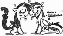 Size: 335x194 | Tagged: safe, artist:kainsword-kaijin, rainbow dash (mlp), rarity (mlp), equine, fictional species, mammal, pegasus, pony, unicorn, feral, friendship is magic, hasbro, my little pony, black and white, duo, duo female, eyes closed, feathered wings, feathers, female, female/female, feral/feral, grayscale, heart, horn, low res, mare, monochrome, nuzzling, raridash (mlp), shipping, simple background, tail, traditional art, white background, wings