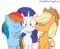 Size: 609x494 | Tagged: safe, artist:lance, applejack (mlp), rainbow dash (mlp), rarity (mlp), earth pony, equine, fictional species, mammal, pegasus, pony, unicorn, feral, friendship is magic, hasbro, my little pony, appledash (mlp), blush sticker, blushing, clothes, commission, cowboy hat, eyes closed, feathered wings, feathers, female, female/female, feral/feral, hair, hair band, hat, horn, kiss on the cheek, kissing, mare, polyamory, raridash (mlp), rarijack (mlp), rarijackdash (mlp), shipping, tail, tail band, trio, trio female, wings