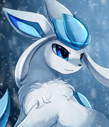Size: 1722x2003 | Tagged: safe, artist:pridark, eeveelution, fictional species, glaceon, feral, nintendo, pokémon, ambiguous gender, bust, fluff, fur, looking at something, snow, snowfall, solo, solo ambiguous, white fur