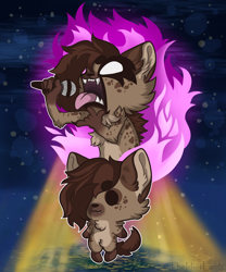 Size: 5000x6000 | Tagged: safe, artist:theidiotlamb, oc, oc only, oc:helena hyena, hyena, mammal, anthro, aggretsuko, sanrio, abstract background, absurd resolution, black outline, cheek fluff, chest fluff, chibi, death metal, devil horns, double outline, ear fluff, female, fire, fluff, head fluff, neck fluff, rage, solo, solo female, style emulation, white outline, zoo 52