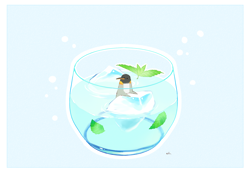 Size: 2000x1375 | Tagged: source needed, useless source url, safe, artist:チャイ, bird, penguin, feral, ambiguous gender, blue background, cute, emperor penguin, fishbowl, glass, ice, leaf, pixiv, simple background, solo, solo ambiguous, water