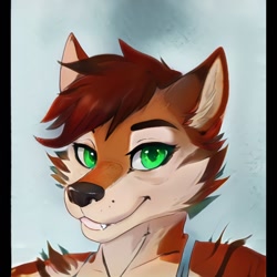 Size: 1024x1024 | Tagged: safe, artist:thisfursonadoesnotexist, oc, oc only, canine, fox, mammal, anthro, ambiguous gender, artificial intelligence, brown fur, bust, cute little fangs, ear fluff, fangs, fluff, fur, green eyes, neural network, sharp teeth, solo, solo ambiguous, teeth