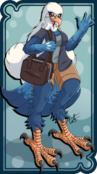 Size: 1152x2051 | Tagged: safe, artist:awfulsamurai, oc, oc only, oc:halie (awfulsamurai), bald eagle, bird, bird of prey, eagle, anthro, digitigrade anthro, cc by-nc-nd, creative commons, bag, beak, blue border, claws, clothes, glasses, solo, talons