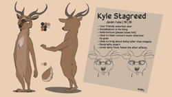 Size: 1920x1080 | Tagged: safe, artist:aurel_draws, oc, oc only, oc:kyle stagreed, cervid, javan rusa, mammal, anthro, plantigrade anthro, 16:9, antlers, brown fur, character name, chest fluff, claws, color palette, english text, featureless crotch, fluff, front view, fur, glasses, male, orange eyes, rear view, reference sheet, short tail, signature, simple background, solo, solo male, tail, tan fur, text, three-quarter view, wallpaper
