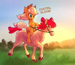 Size: 1280x1112 | Tagged: safe, artist:xbi, apple bloom (mlp), applejack (mlp), earth pony, equine, fictional species, horse, mammal, pony, feral, friendship is magic, hasbro, my little pony, bow, duo, duo female, female, furry confusion, hoers, horse-pony interaction, mare, wat