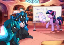 Size: 4092x2893 | Tagged: safe, artist:freedomthai, twilight sparkle (mlp), oc, oc:moxithya, oc:queen fylifa, alicorn, arthropod, changeling, changeling queen, equine, fictional species, insect, mammal, moth, moth changeling, moth pony, pony, feral, friendship is magic, hasbro, my little pony, fancy mathematics, female, glasses, golden oaks library, magic, math, species swap, teaching, whiteboard