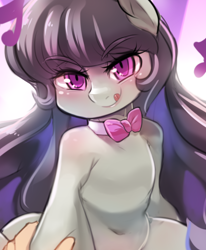 Size: 1280x1552 | Tagged: suggestive, artist:freedomthai, octavia melody (mlp), earth pony, equine, fictional species, human, mammal, pony, feral, friendship is magic, hasbro, my little pony, bedroom eyes, bestiality, black hair, blushing, clothes, eyelashes, female, female focus, fur, gray fur, hair, hand on hoof, holding hooves, hooves, human on feral, human/feral, interspecies, kemono, looking at you, male, male/female, necktie, offscreen character, pink eyes, pov, solo focus, tongue, tongue out