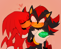 Size: 2136x1736 | Tagged: safe, artist:bongwater777, knuckles the echidna (sonic), shadow the hedgehog (sonic), echidna, hedgehog, mammal, monotreme, anthro, sega, sonic the hedgehog (series), 2020, black fur, black tail, blushing, chaos emerald, cheek fluff, chest fluff, clothes, digital art, duo, duo male, fluff, fur, gloves, hand hold, heart, holding, kissing, knuxadow (sonic), male, male/male, males only, quills, red eyes, red fur, red tail, shipping, short tail, simple background, tail