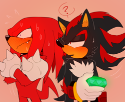 Size: 2136x1736 | Tagged: safe, artist:bongwater777, knuckles the echidna (sonic), shadow the hedgehog (sonic), echidna, hedgehog, mammal, monotreme, anthro, sega, sonic the hedgehog (series), 2020, black fur, black tail, blushing, chaos emerald, cheek fluff, chest fluff, clothes, digital art, duo, duo male, fluff, fur, gloves, hand hold, holding, knuxadow (sonic), male, male/male, males only, purple eyes, question mark, quills, red eyes, red fur, red tail, shipping, short tail, simple background, sweat, tail