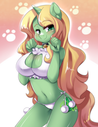 Size: 1312x1687 | Tagged: suggestive, artist:freedomthai, oc, oc only, oc:runa, equine, fictional species, mammal, pony, unicorn, anthro, friendship is magic, hasbro, my little pony, anthrofied, bell, bell collar, belly button, big breasts, blushing, boob window, bra, breasts, cat keyhole bra set, cat lingerie, cleavage, clothes, collar, commission, crop top bra, female, frilly underwear, lingerie, panties, side knot underwear, solo, solo female, underwear, white underwear