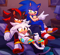 Size: 2616x2420 | Tagged: safe, artist:bongwater777, shadow the hedgehog (sonic), silver the hedgehog (sonic), sonic the hedgehog (sonic), hedgehog, mammal, anthro, nintendo, nintendo switch, sega, sonic the hedgehog (series), 2020, amber eyes, bed, black fur, blue fur, blue tail, boots, cheek fluff, chest fluff, clothes, desk, desk lamp, digital art, featured image, fluff, fur, gloves, gray fur, green eyes, high res, indoors, lamp, male, males only, pillow, quills, red eyes, shoes, short tail, sitting, sneakers, tail, trio, trio male, wall